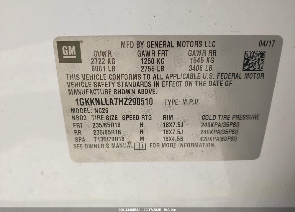 2017 GMC ACADIA VIN: 1GKKNLLA7HZ290510