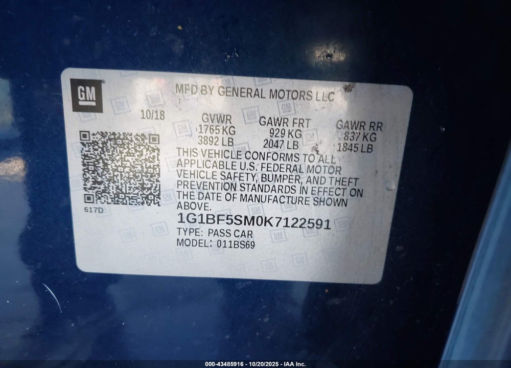 2019 CHEVROLET CRUZE VIN: 1G1BF5SM0K7122591