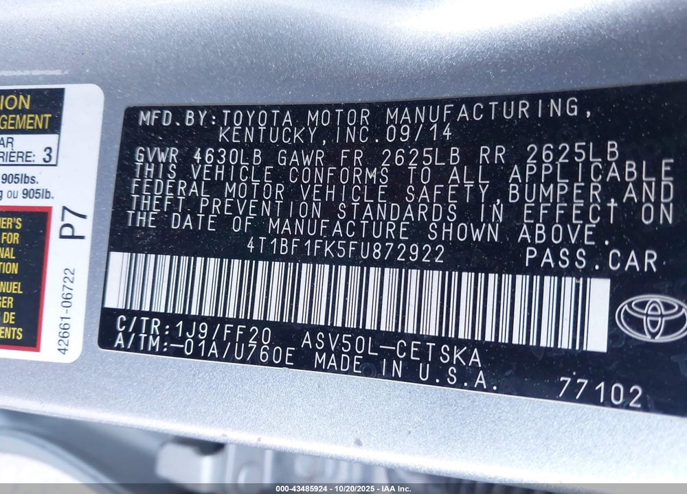 2015 TOYOTA CAMRY SE VIN: 4T1BF1FK5FU872922