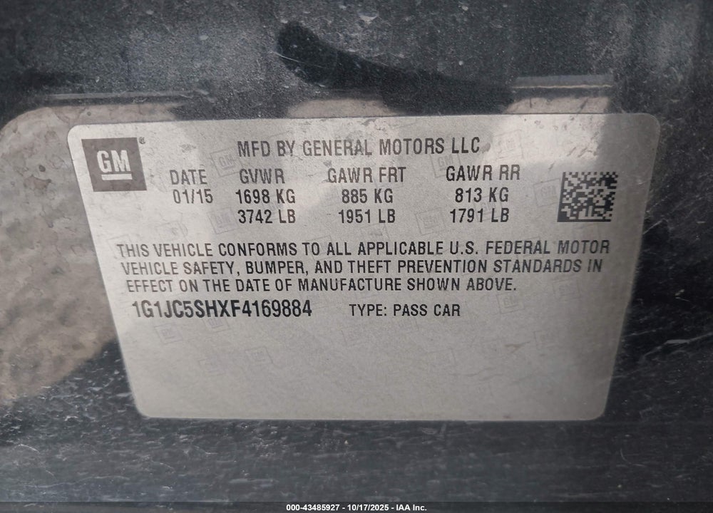 2015 CHEVROLET SONIC LT AUTO VIN: 1G1JC5SHXF4169884