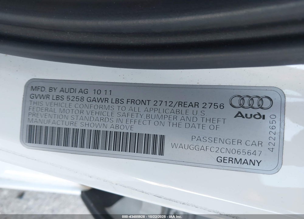 2012 AUDI A6 3.0 PREMIUM VIN: WAUGGAFC2CN065647