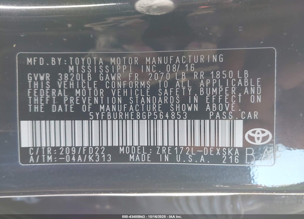 2016 TOYOTA COROLLA S PLUS VIN: 5YFBURHE8GP564853