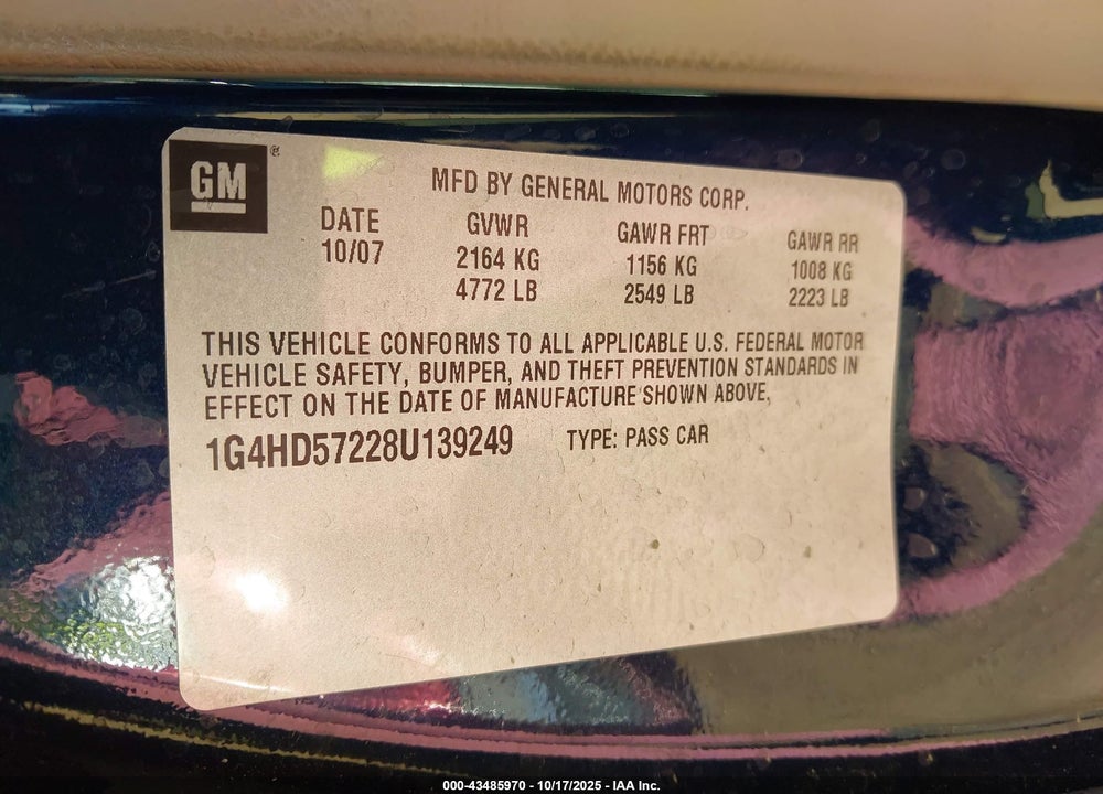 2008 BUICK LUCERNE CXL VIN: 1G4HD57228U139249