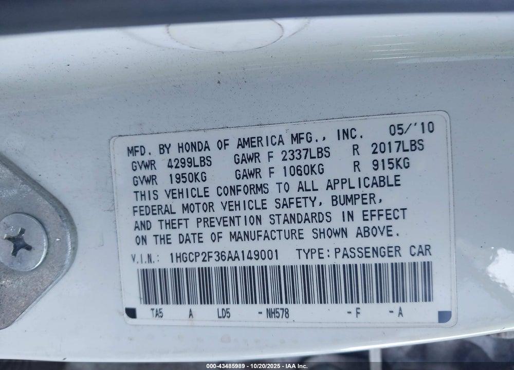 2010 HONDA ACCORD VIN: 1HGCP2F36AA149001
