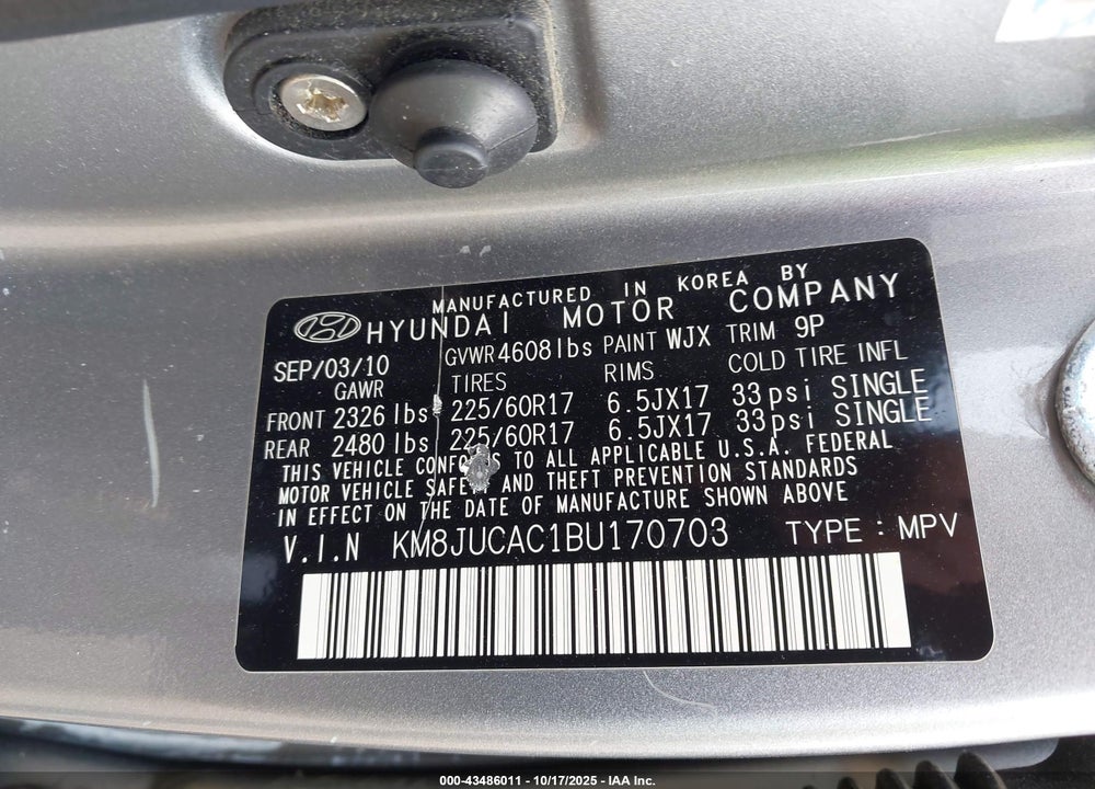 2011 HYUNDAI TUCSON GLS VIN: KM8JUCAC1BU170703