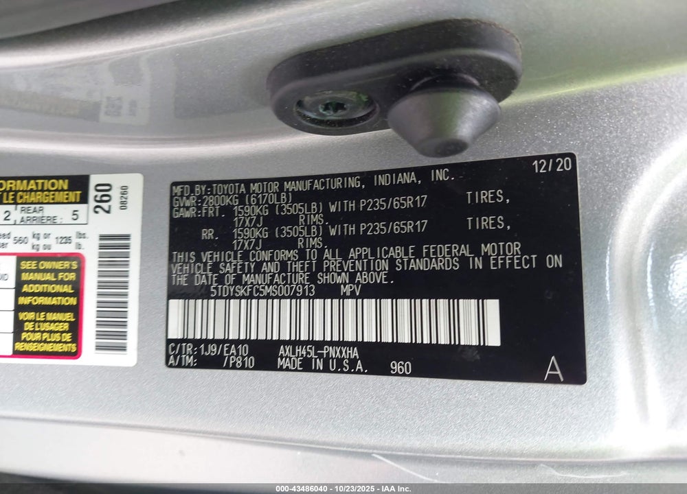 2021 TOYOTA SIENNA XLE VIN: 5TDYSKFC5MS007913