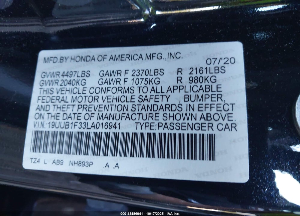 2020 ACURA TLX VIN: 19UUB1F33LA016941