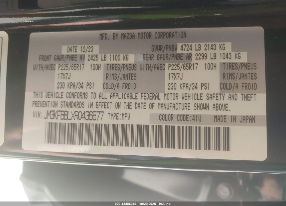 2024 MAZDA CX-5 2.5 S SELECT VIN: JM3KFBBLXR0436577