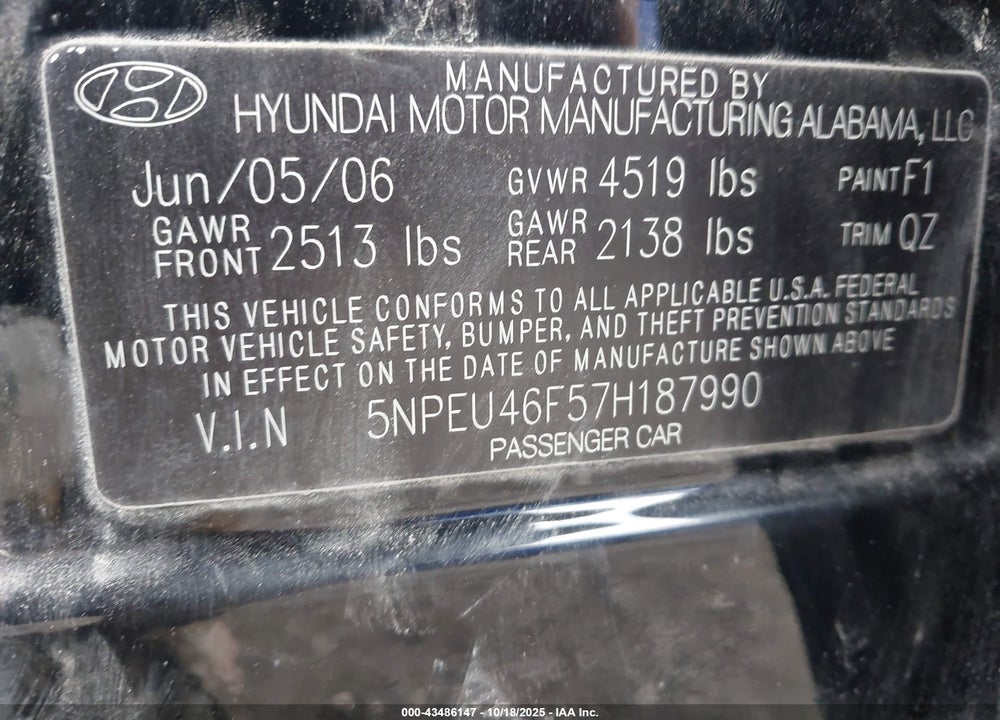 2007 HYUNDAI SONATA VIN: 5NPEU46F57H187990