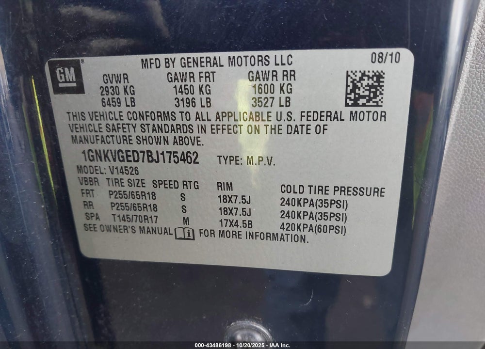 2011 CHEVROLET TRAVERSE VIN: 1GNKVGED7BJ175462
