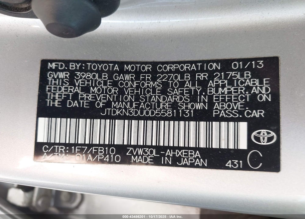 2013 TOYOTA PRIUS TWO VIN: JTDKN3DU0D5581131