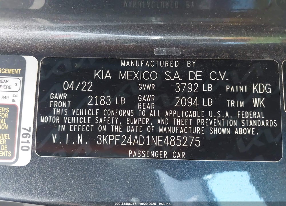 2022 KIA FORTE LXS VIN: 3KPF24AD1NE485275