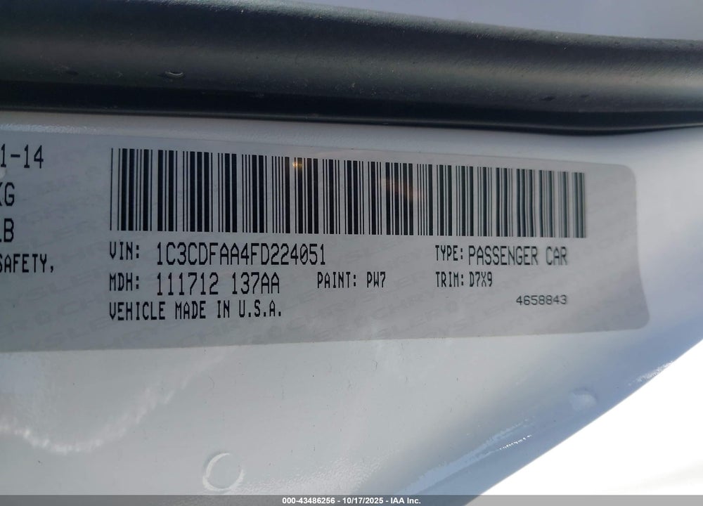 2015 DODGE DART SE VIN: 1C3CDFAA4FD224051