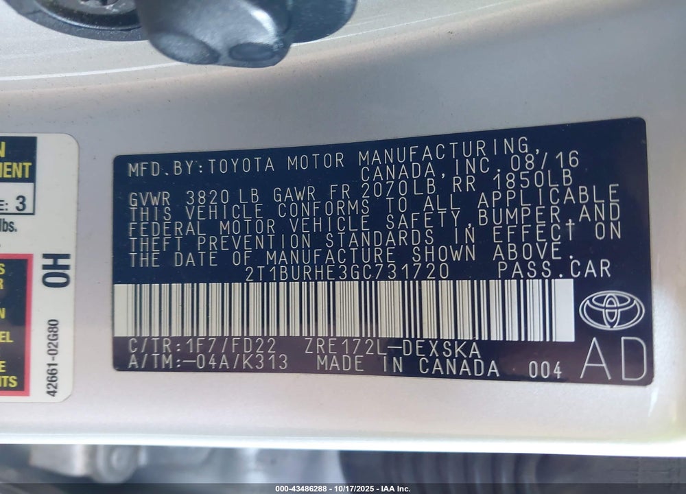 2016 TOYOTA COROLLA S PLUS VIN: 2T1BURHE3GC731720