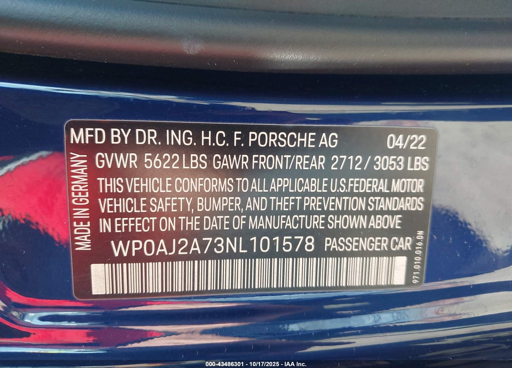 2022 PORSCHE PANAMERA VIN: WP0AJ2A73NL101578