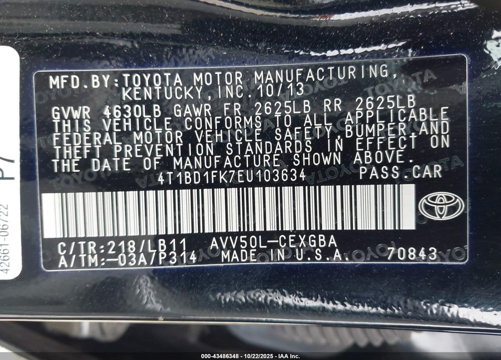 2014 TOYOTA CAMRY HYBRID XLE VIN: 4T1BD1FK7EU103634