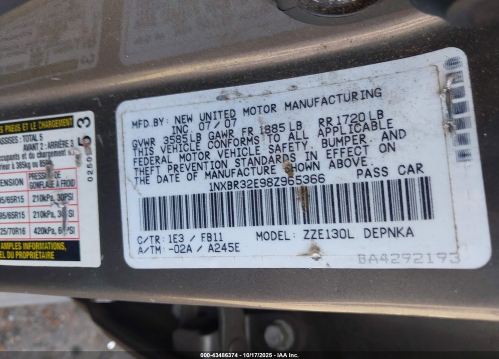 2008 TOYOTA COROLLA VIN: 1NXBR32E98Z965366