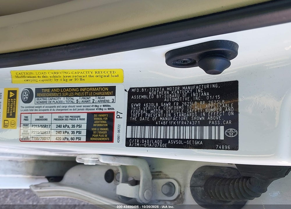 2015 TOYOTA CAMRY XLE VIN: 4T4BF1FK1FR474371