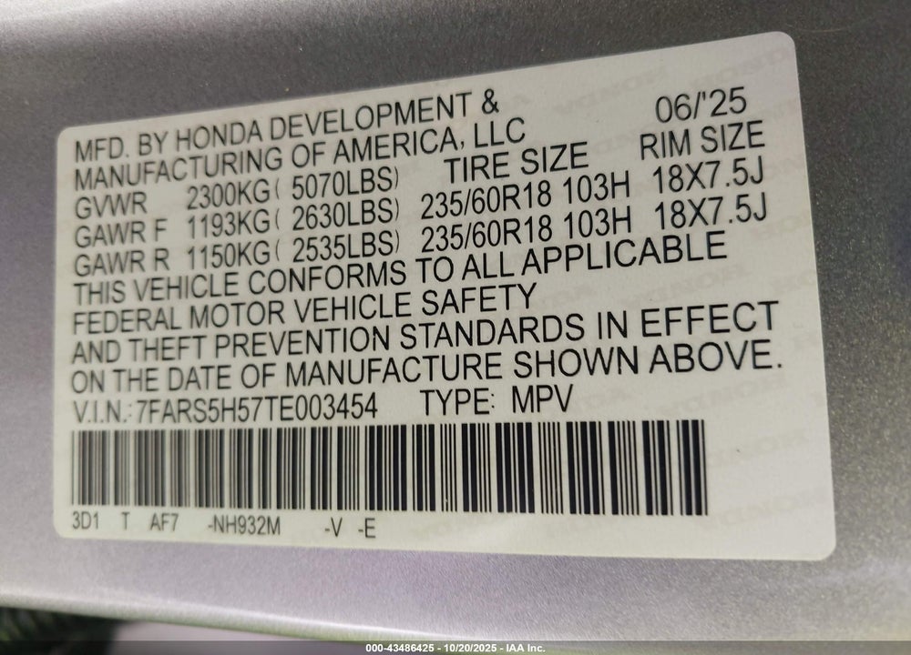 2026 HONDA CR-V HYBRID 2WD SPORT VIN: 7FARS5H57TE003454