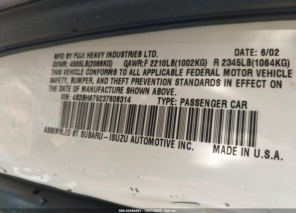 2003 SUBARU OUTBACK VIN: 4S3BH675237608314