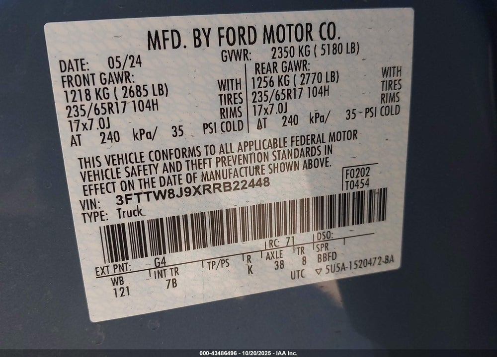 2024 FORD MAVERICK VIN: 3FTTW8J9XRRB22448