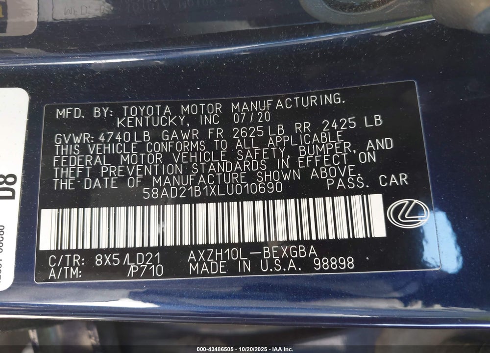 2020 LEXUS ES 300H VIN: 58AD21B1XLU010690