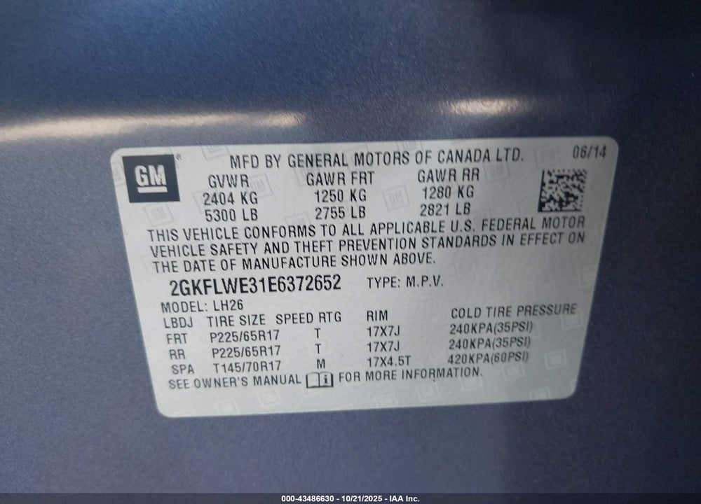 2014 GMC TERRAIN SLE-2 VIN: 2GKFLWE31E6372652