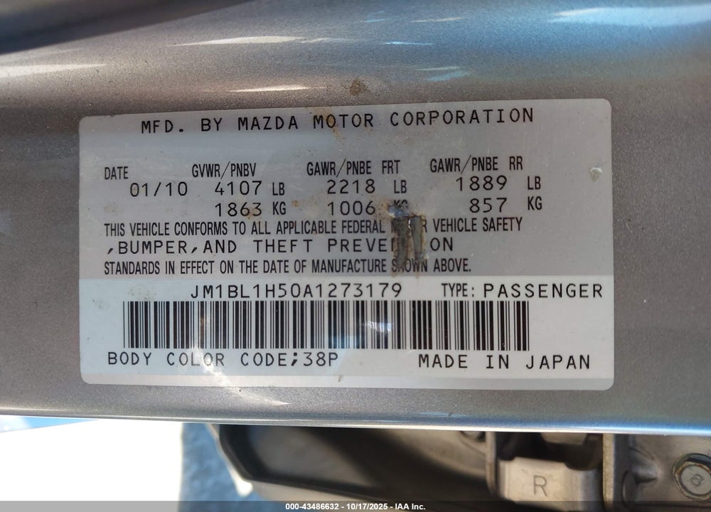 2010 MAZDA 3 VIN: JM1BL1H50A1273179