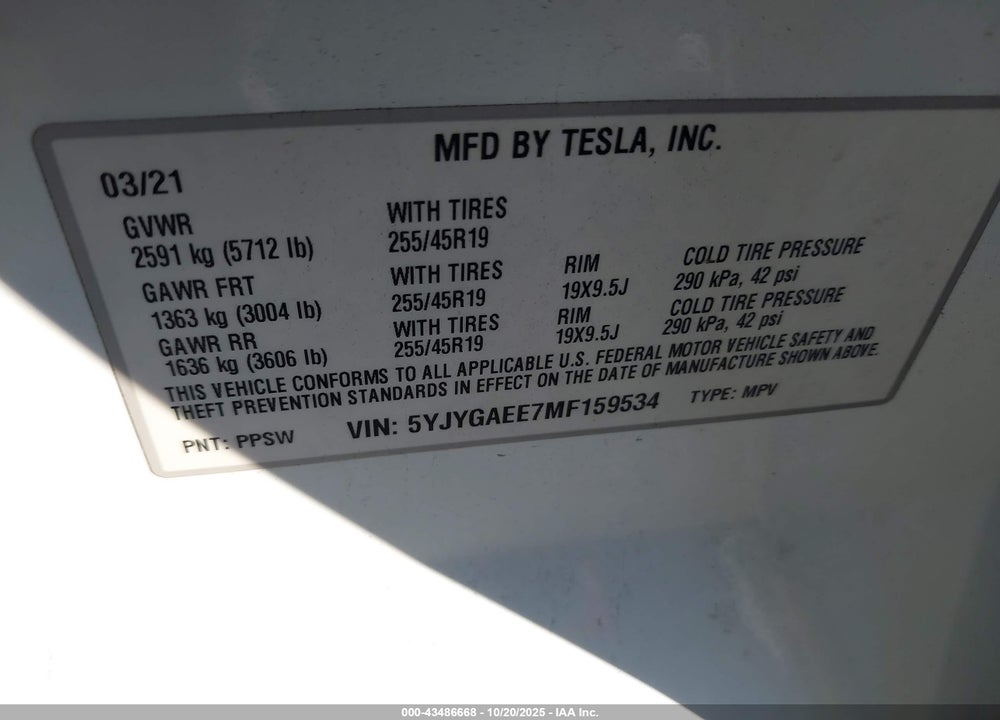 2021 TESLA MODEL Y LONG RANGE DUAL MOTOR ALL-WHEEL DRIVE VIN: 5YJYGAEE7MF159534