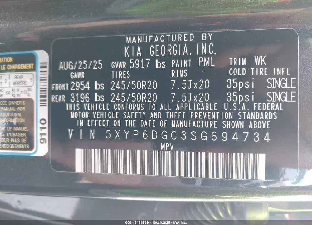 2025 KIA TELLURIDE S VIN: 5XYP6DGC3SG694734