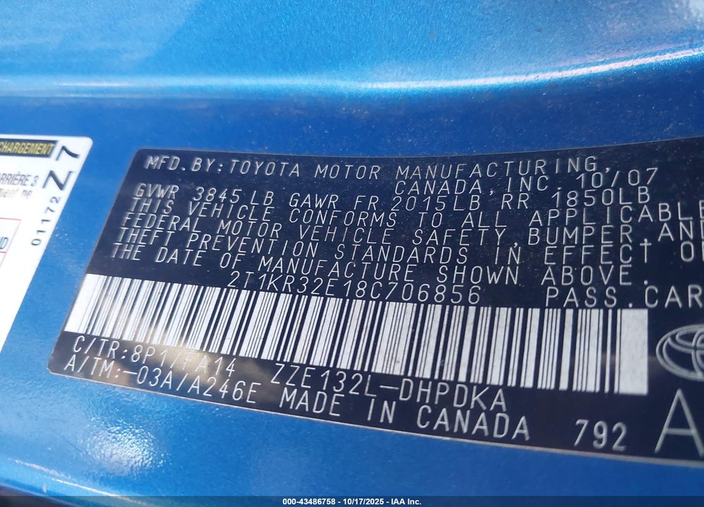 2008 TOYOTA MATRIX VIN: 2T1KR32E18C706856