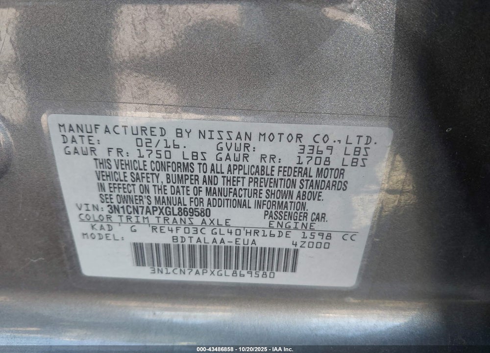 2016 NISSAN VERSA 1.6 S+ VIN: 3N1CN7APXGL869580