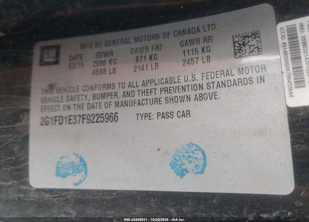 2015 CHEVROLET CAMARO VIN: 2G1FD1E37F9225966