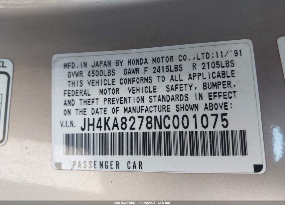 1992 ACURA LEGEND LS VIN: JH4KA8278NC001075
