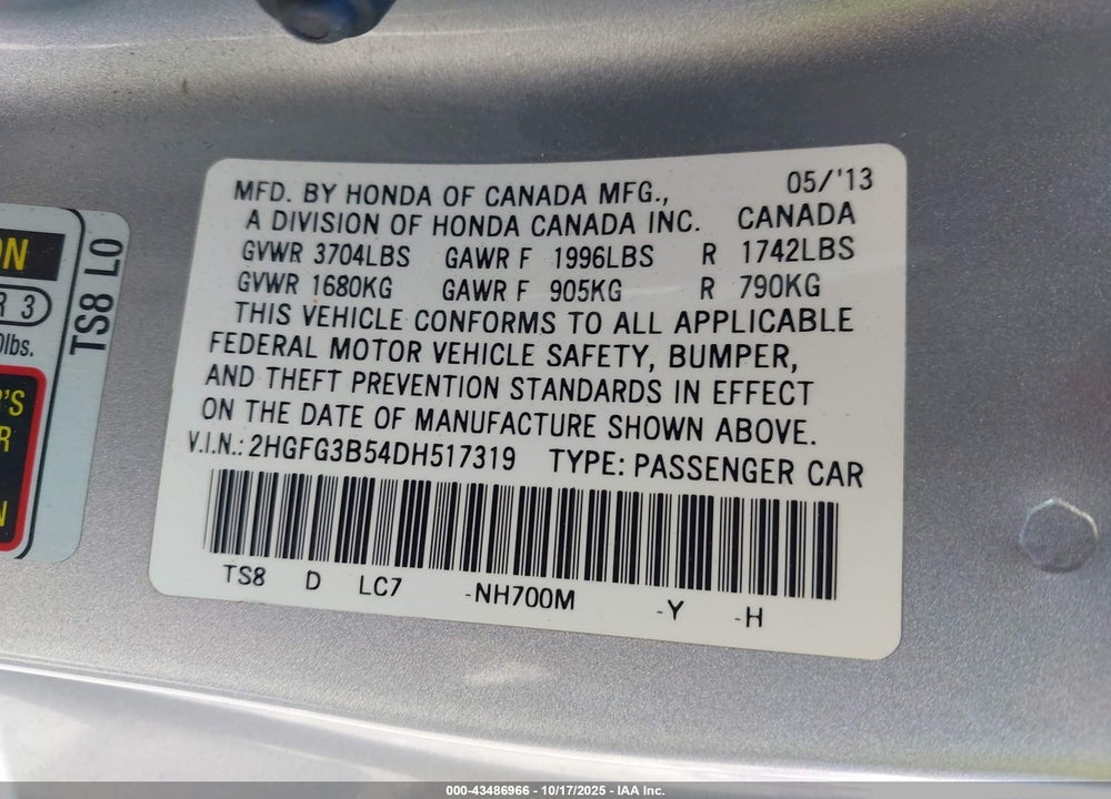 2013 HONDA CIVIC LX VIN: 2HGFG3B54DH517319