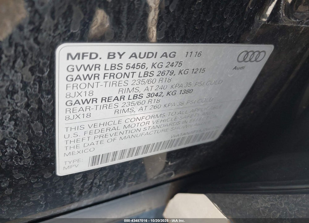 2018 AUDI Q5 2.0T PREMIUM/2.0T TECH PREMIUM VIN: WA1ANAFY5J2001282