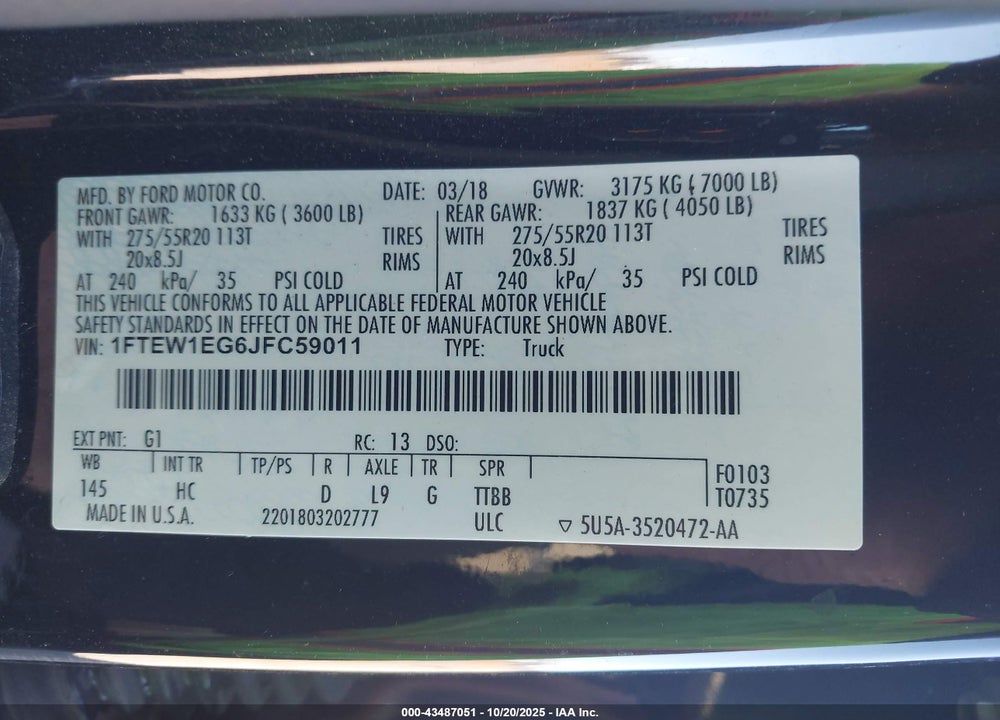 2018 FORD F-150 LARIAT VIN: 1FTEW1EG6JFC59011