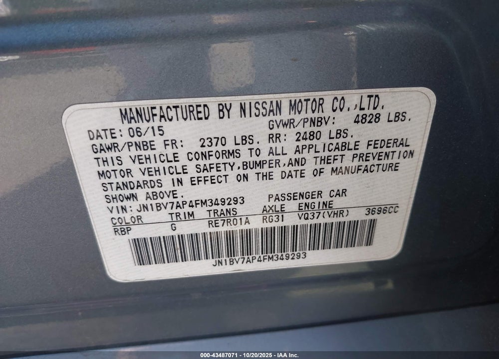 2015 INFINITI Q50 VIN: JN1BV7AP4FM349293