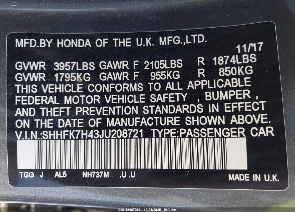 2018 HONDA CIVIC SPORT VIN: SHHFK7H43JU208721
