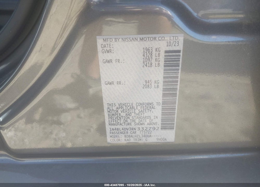 2024 NISSAN ALTIMA SV FWD VIN: 1N4BL4DV3RN332792