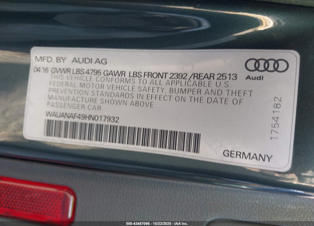 2017 AUDI A4 2.0T PREMIUM VIN: WAUANAF49HN017932