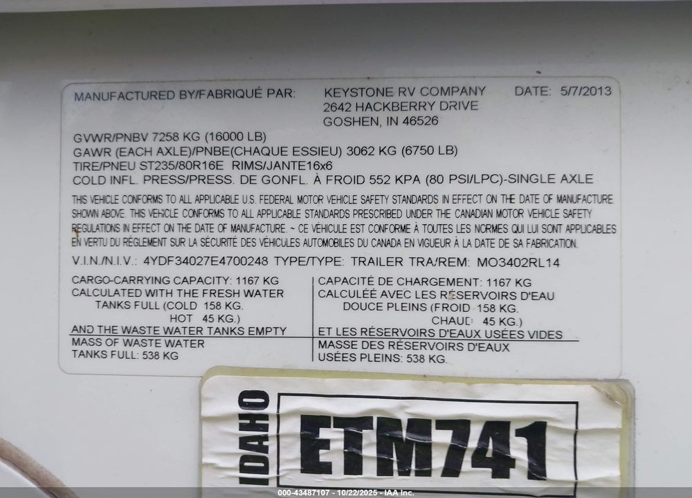 2014 KEYSTONE MONTANA VIN: 4YDF34027E4700248