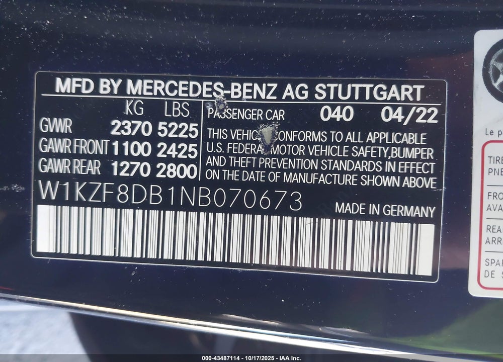 2022 MERCEDES-BENZ E 350 VIN: W1KZF8DB1NB070673