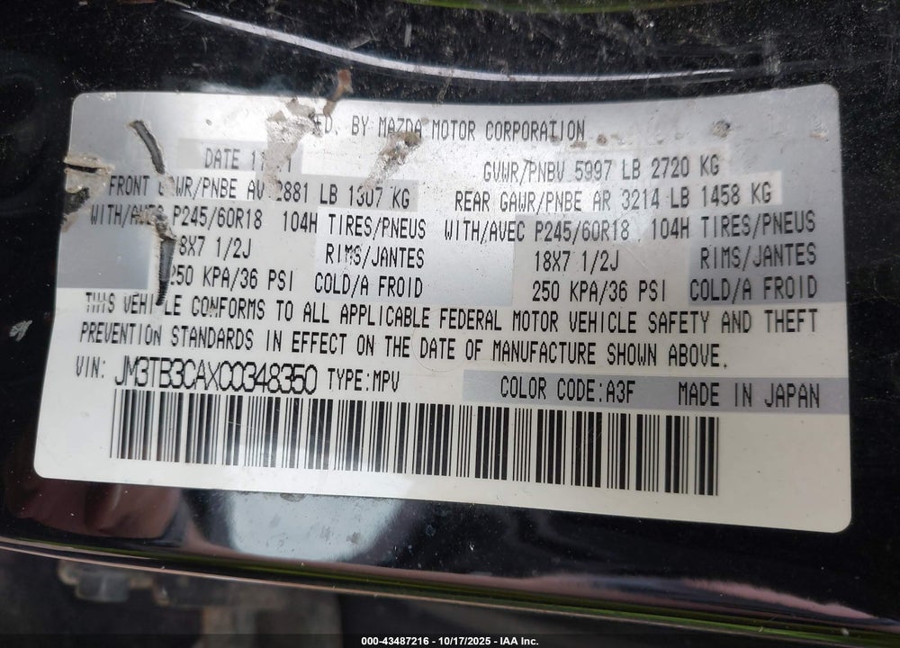 2012 MAZDA CX-9 TOURING VIN: JM3TB3CAXC0348350