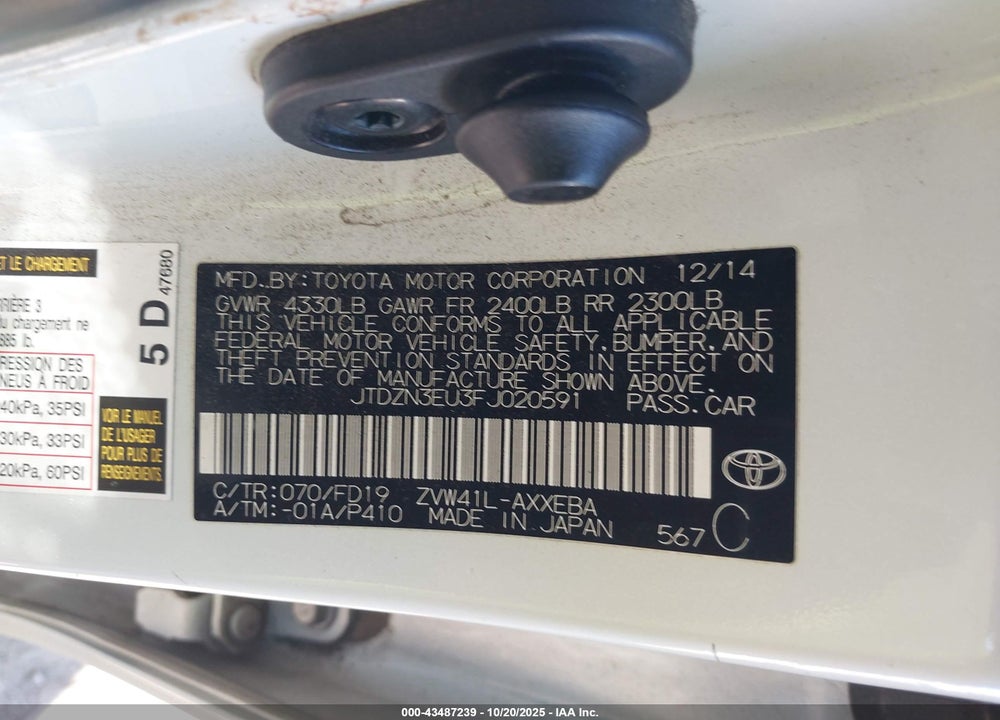 2015 TOYOTA PRIUS V THREE VIN: JTDZN3EU3FJ020591