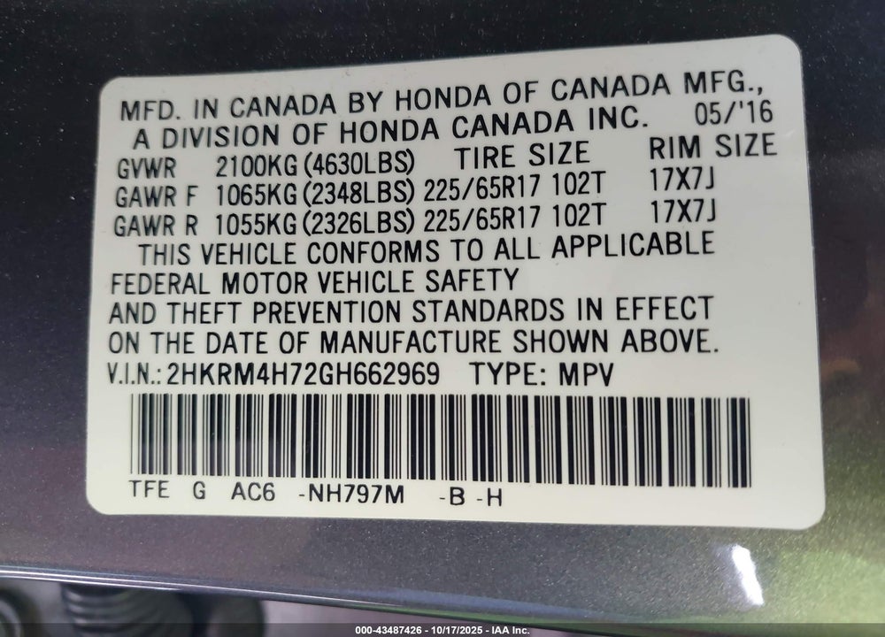 2016 HONDA CR-V VIN: 2HKRM4H72GH662969