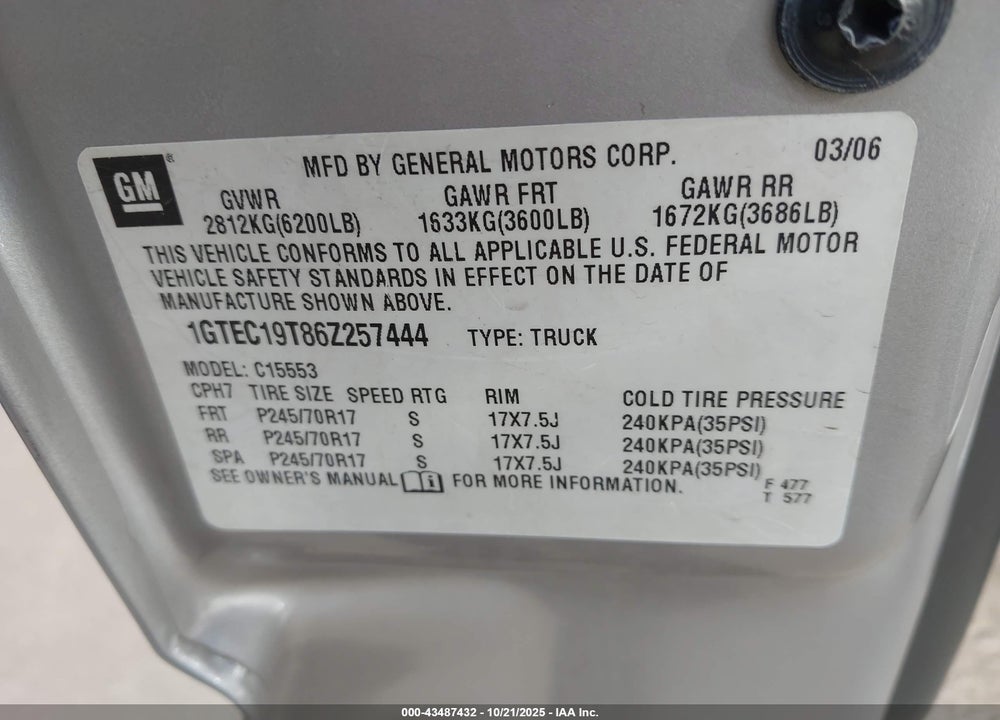 2006 GMC SIERRA 1500 VIN: 1GTEC19T86Z257444