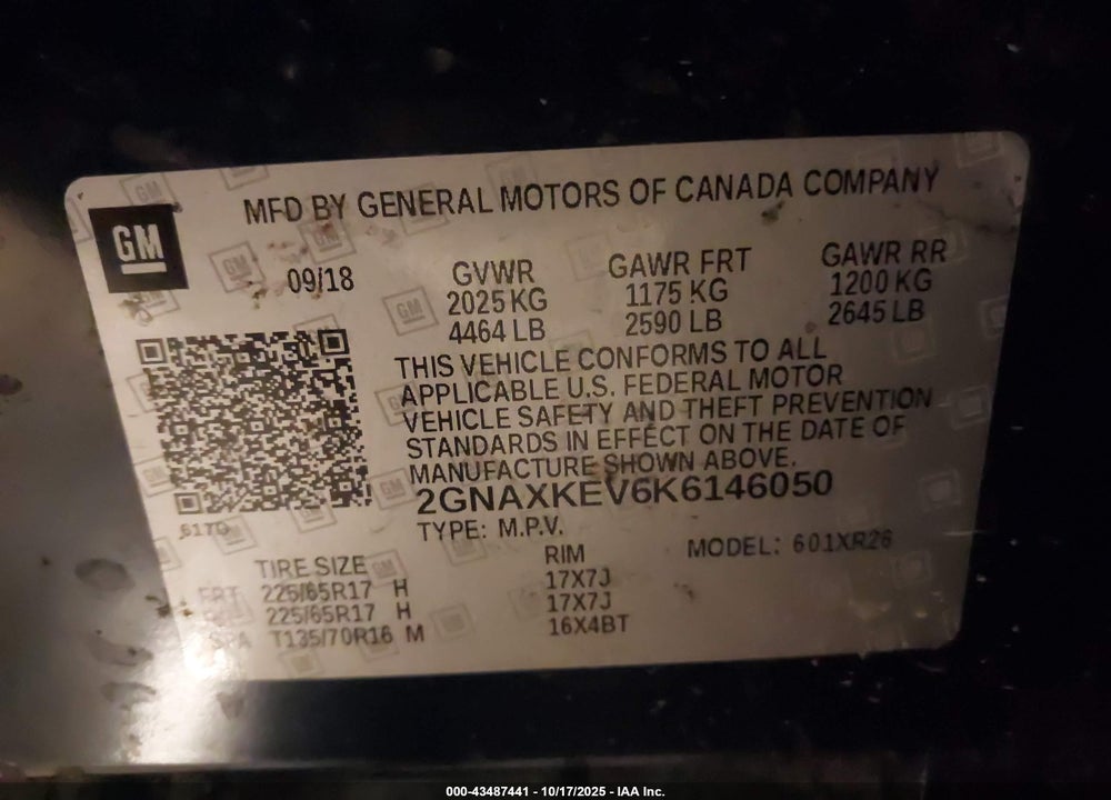 2019 CHEVROLET EQUINOX LT VIN: 2GNAXKEV6K6146050