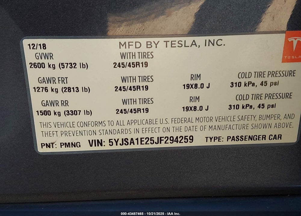 2018 TESLA MODEL S 100D/75D/P100D VIN: 5YJSA1E25JF294259