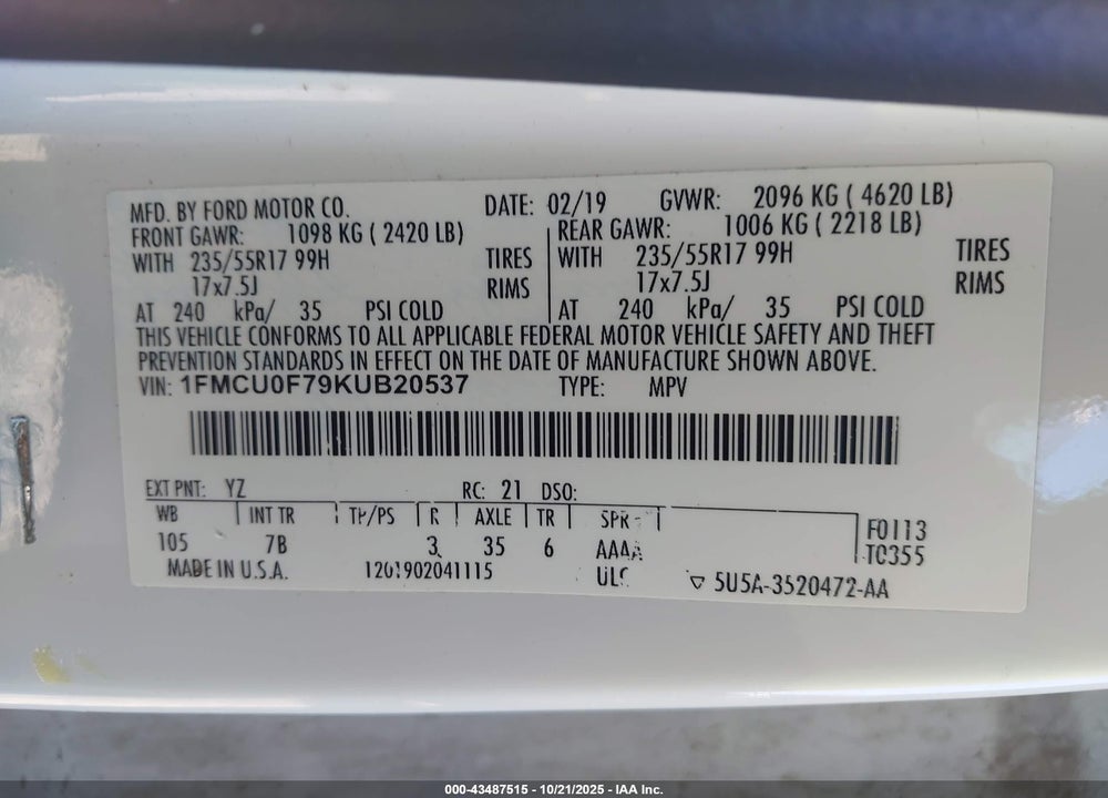2019 FORD ESCAPE VIN: 1FMCU0F79KUB20537